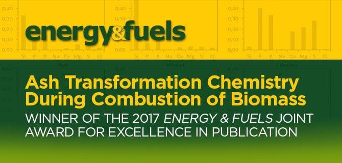 Energy & Fuels publication cover titled "Ash Transformation Chemistry During Combustion of Biomass," winner of the 2017 joint award for excellence in publication.