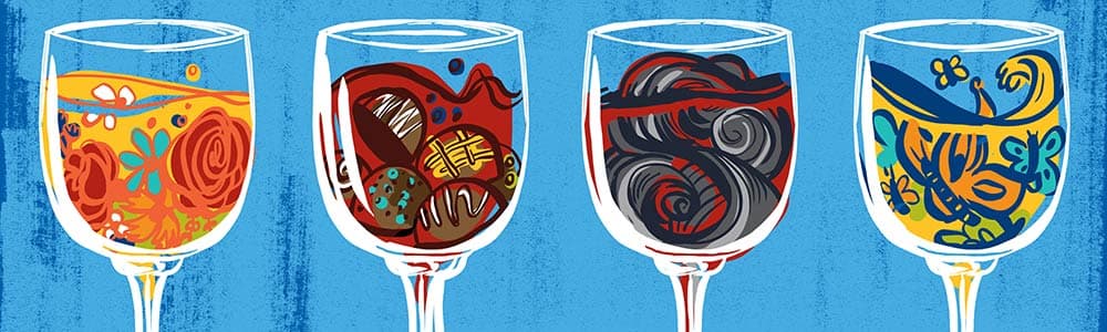 Illustration of four wine glasses, each filled with different colorful abstract patterns against a blue background.