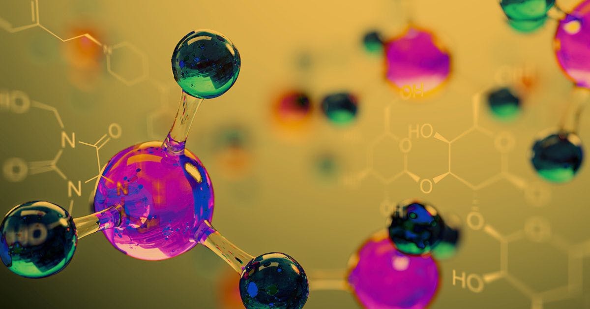 3d illustration of a colorful molecular structure with chemical formulas in the background, representing atoms connected by bonds in a scientific concept.