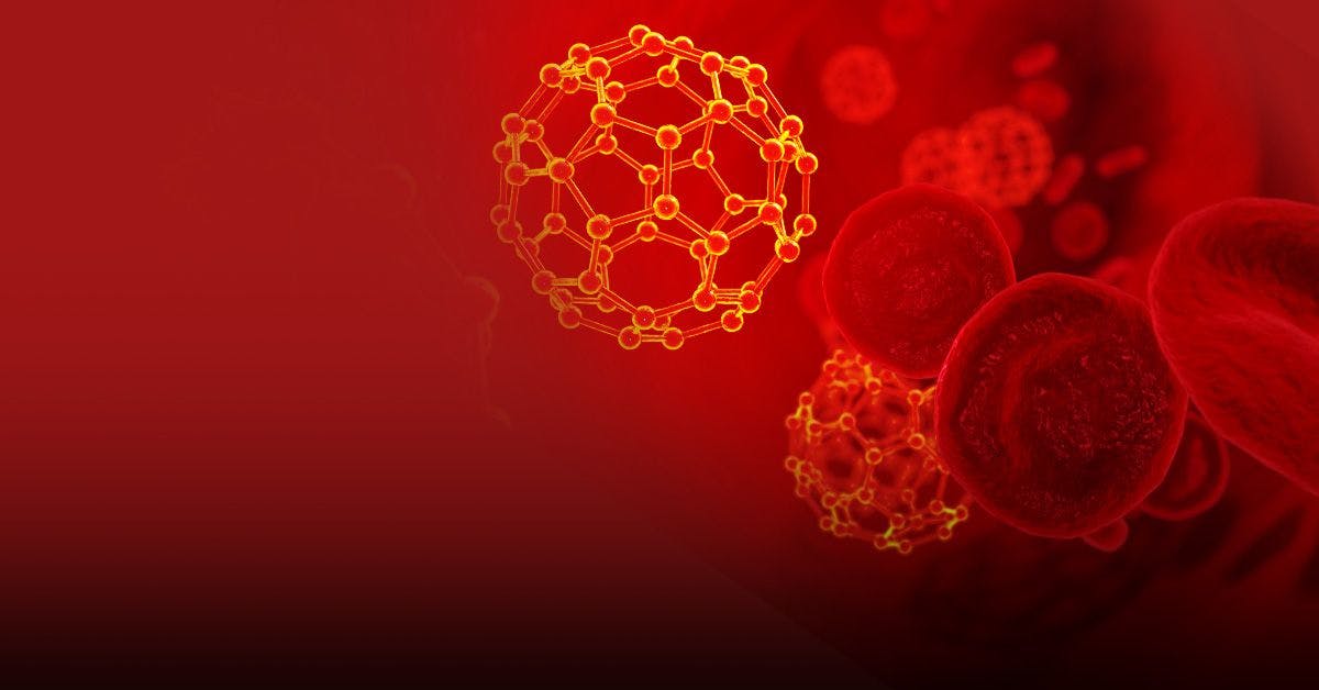 Close-up illustration of red blood cells and yellow spherical molecules with complex structures against a red background.