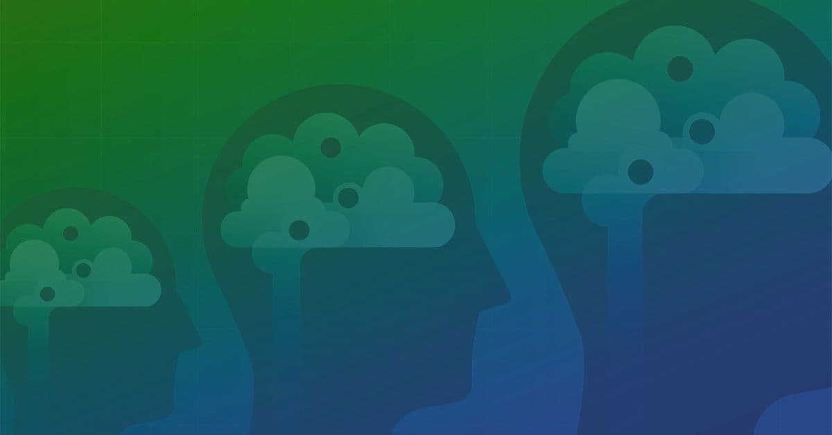 Three stylized human head silhouettes with cloud-like shapes inside, representing different levels of cognitive activity, on a green and blue gradient background.