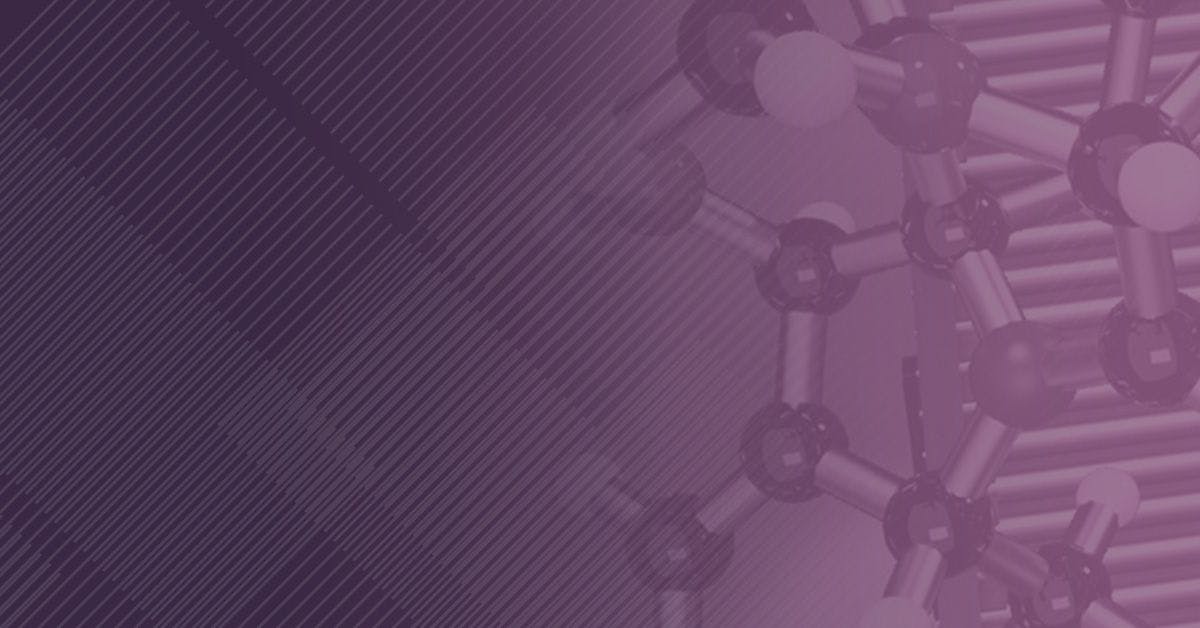 A graphic depiction of a purple molecular structure with connecting lines and spheres, set against a purple background with radiating lines.
