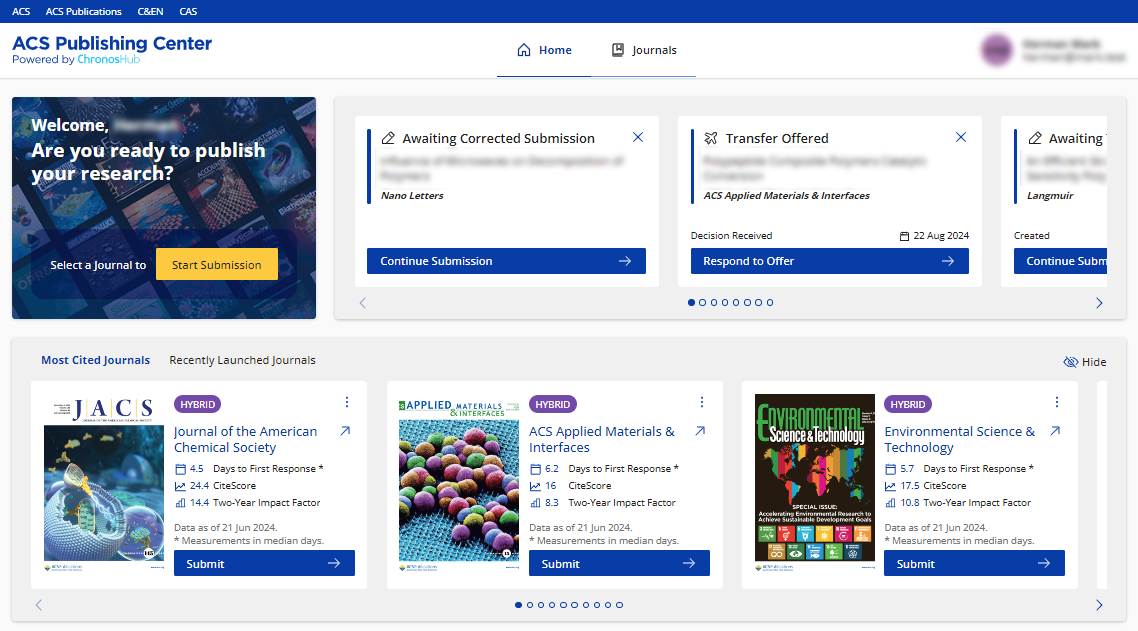 A screenshot of the new ACS Publishing Center dashboard