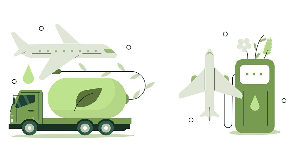 Illustration depicting sustainable aviation fuel with a truck carrying a fuel tank and a plane flying above, and a refueling station for the plane with eco-friendly symbols.