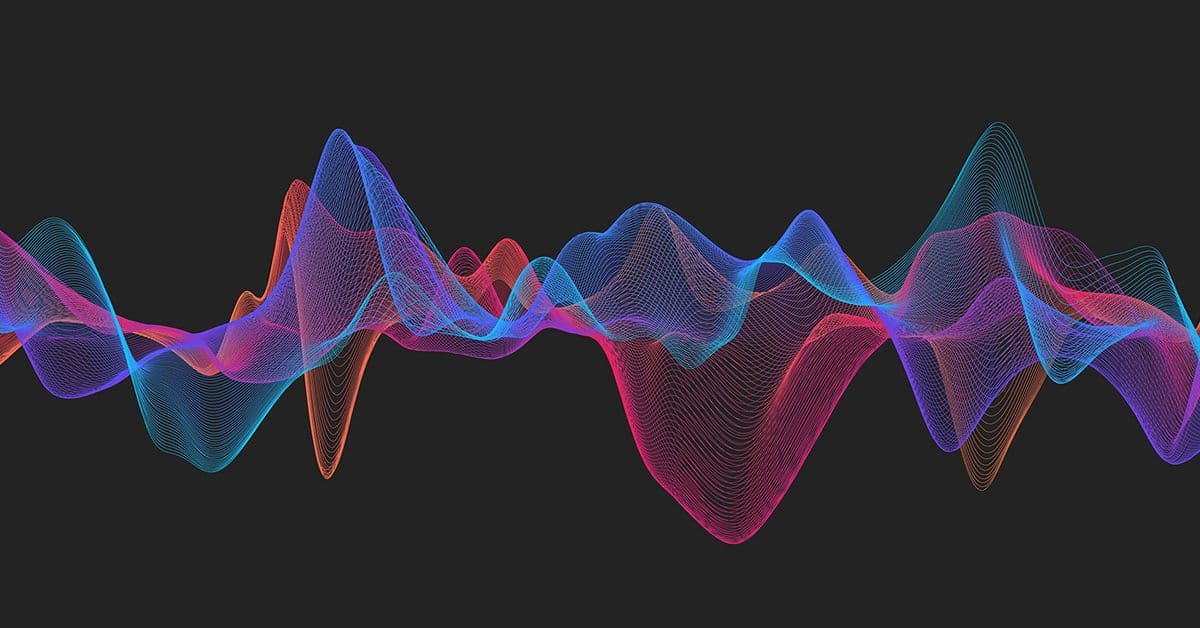 Colorful abstract waveforms on a dark background, featuring fluid lines in shades of blue, purple, and orange.