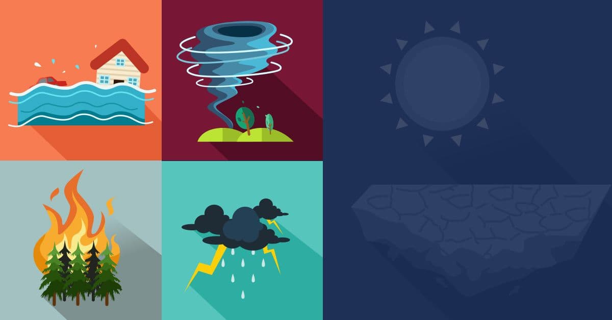 Icons depicting natural disasters: flood, tornado, drought, wildfire, thunderstorm, and heatwave.