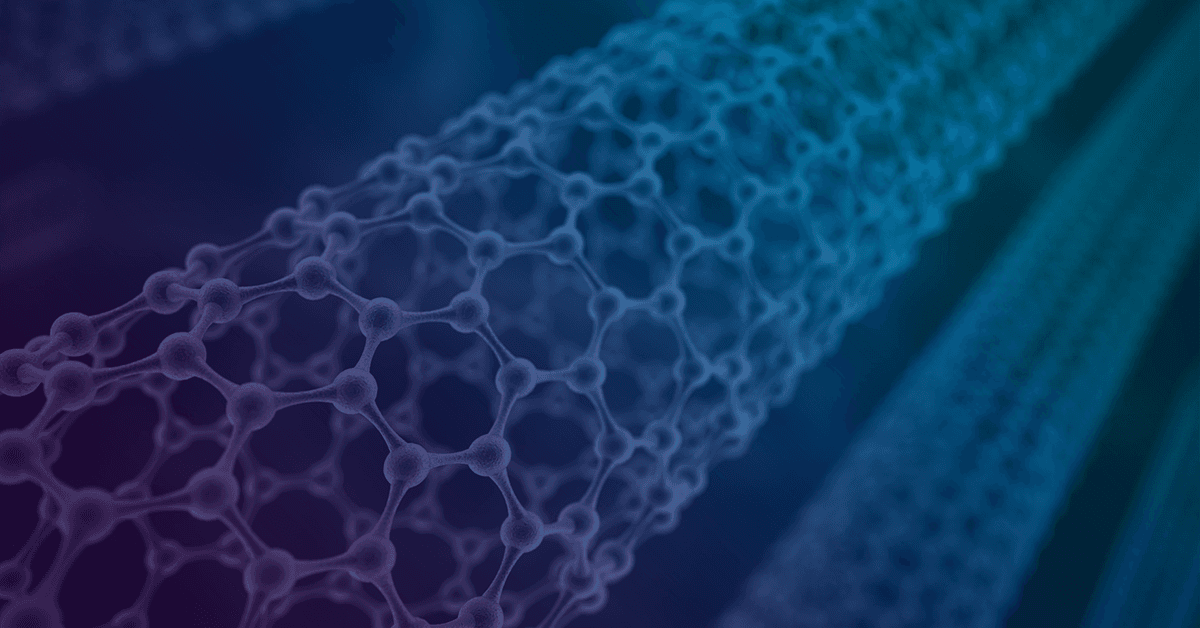 Close-up image of a carbon nanotube, showcasing its cylindrical nanostructure composed of interconnected carbon atoms forming a hexagonal pattern.