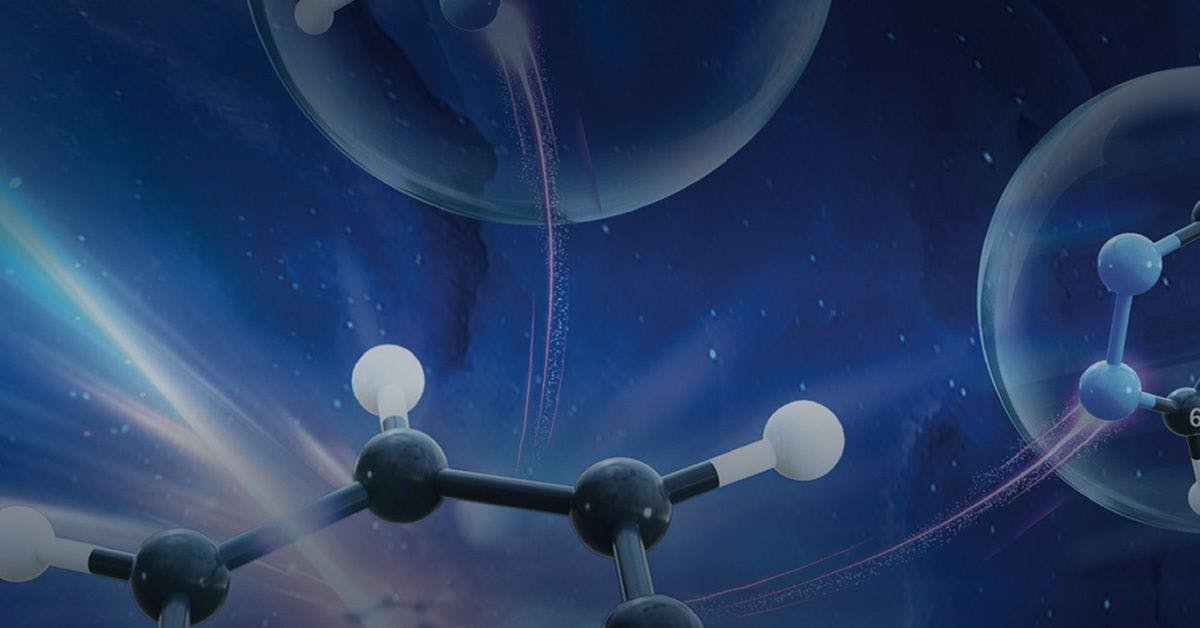 Close-up of molecular models with black and white spheres connected by rods, set against a cosmic background with stars and nebulas. Blue and purple hues dominate the image.