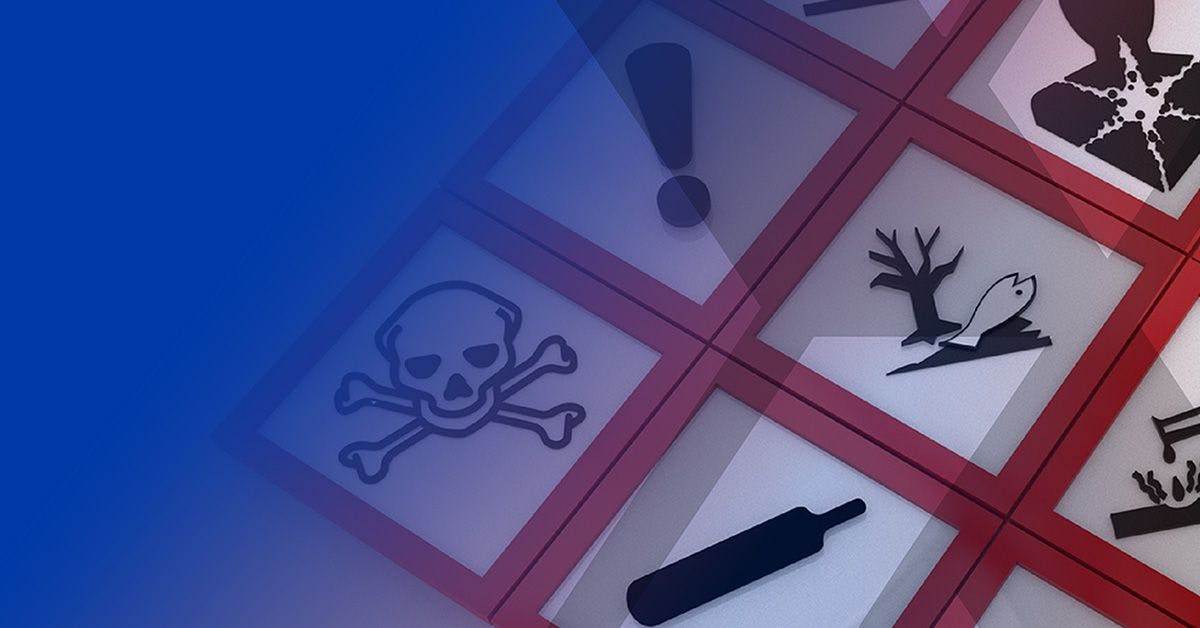 Grid of hazard symbols including a skull and crossbones, exclamation mark, broken bottle, environmental hazard, and other warning icons, against a gradient blue background on the left.