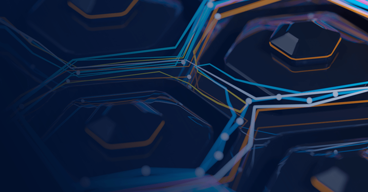 Abstract digital pattern featuring interconnected hexagonal shapes with blue and orange lines on a dark background.