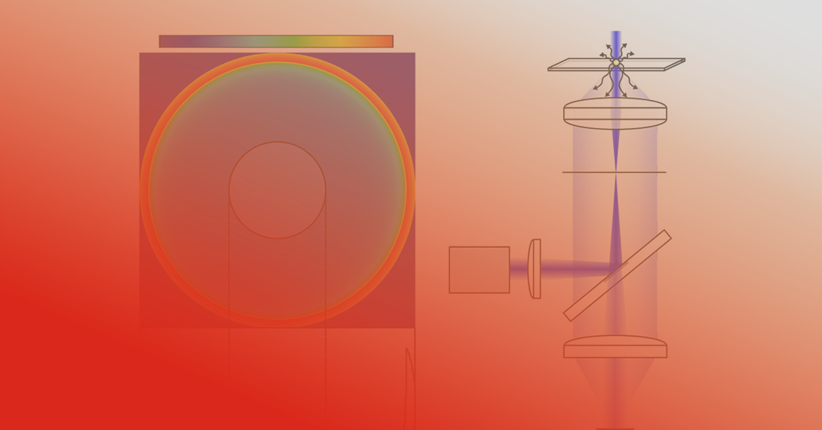 Gradient-colored abstract image of an optical setup featuring lenses, mirrors, and a light path, resembling a beam-splitter and detector on a light-to-dark red background.
