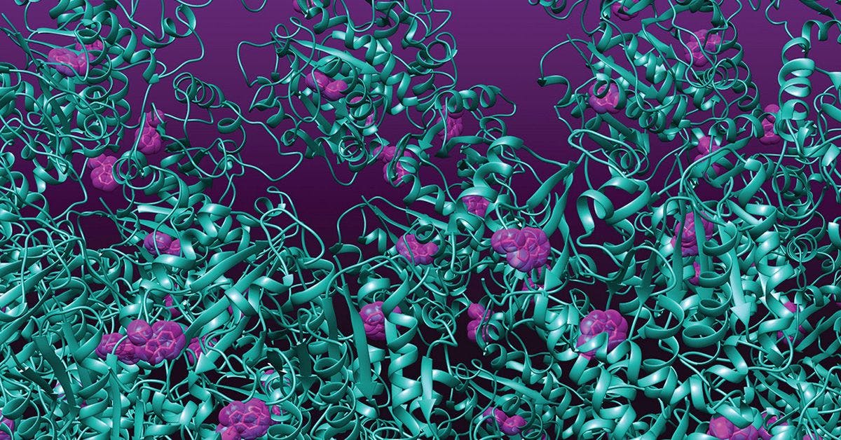 A colorful 3D rendering showing a complex molecular structure with intertwined teal ribbons and clusters of purple shapes, set against a gradient purple background.