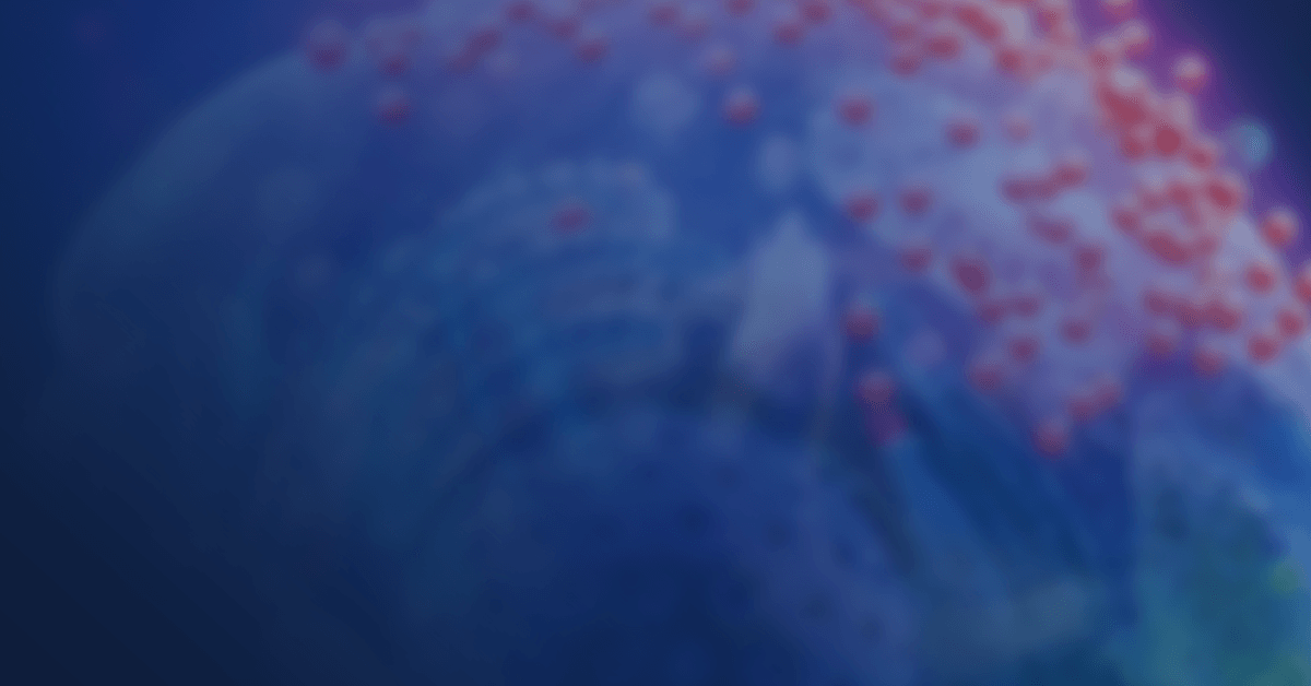 Abstract image featuring a blurry, close-up view of a cellular structure with red, spherical particles on a predominantly blue background.