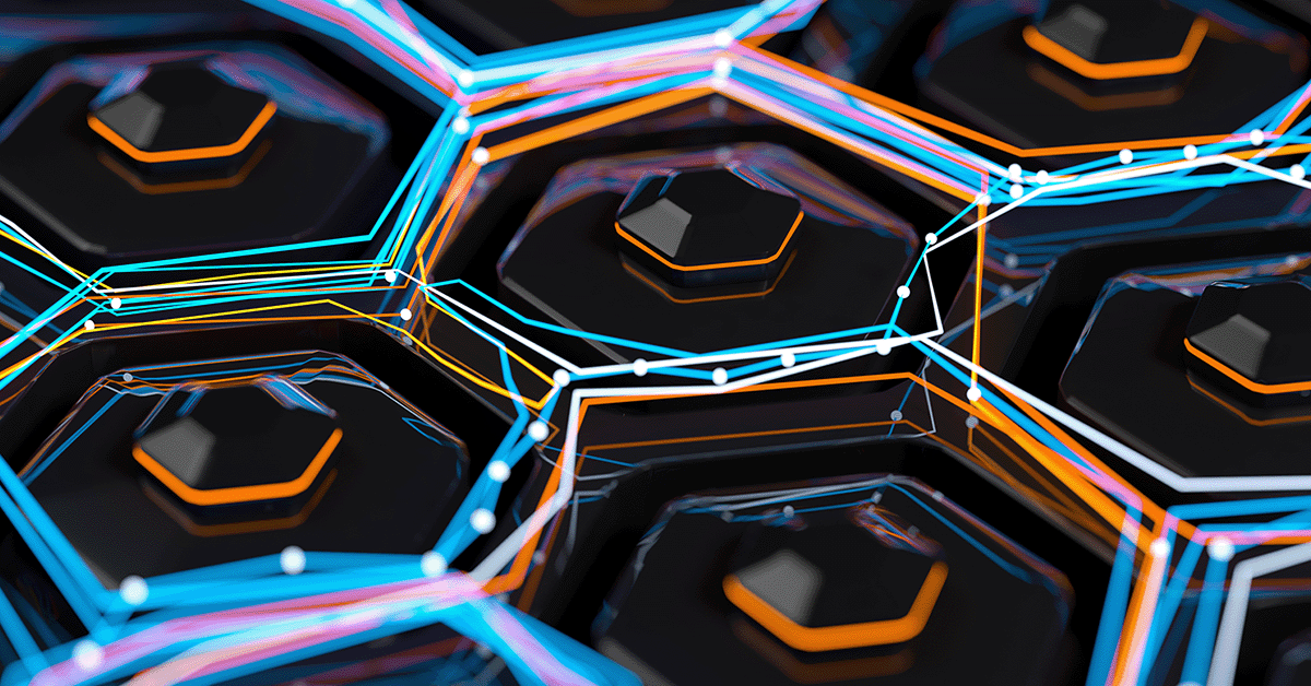 Close-up of a futuristic, hexagonal grid pattern with vibrant blue and orange neon lines interconnected, creating a complex and dynamic visual effect on a dark background.
