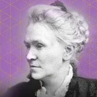 Black and white profile photograph of an older woman with her hair tied back. The background features a purple geometric pattern.