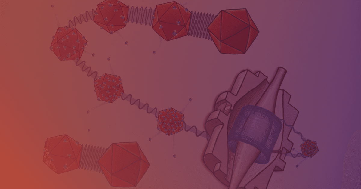 Diagram of virus transmission, showing red geometric shapes representing viruses linked by zigzag lines to a transparent structure, indicating movement or infection pathway.