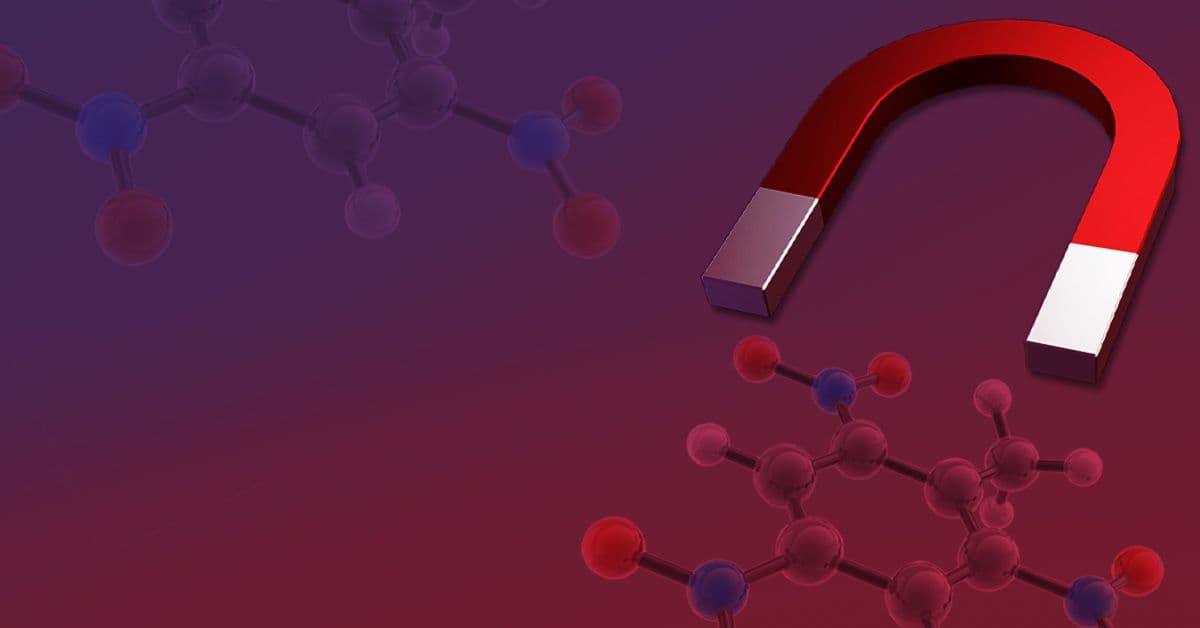 Image of a red and silver horseshoe magnet with molecular structures in the background on a gradient purple and red backdrop.