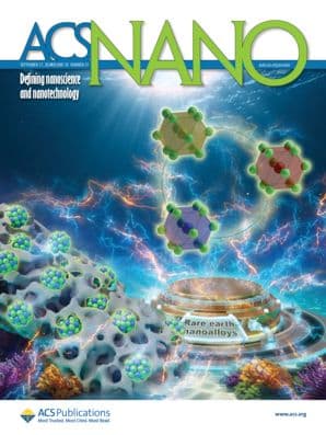 Cover of ACS Nano featuring colorful illustrations of rare earth nanoalloys with glowing effects and molecular structures over a futuristic background.