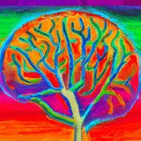 A colorful painting of a tree in the shape of a brain.