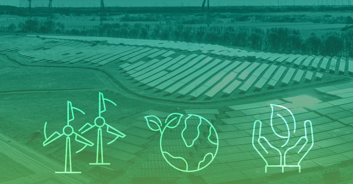 Aerial view of a large solar farm with wind turbines in the background. Overlaid are icons of wind turbines, Earth with leaves, and hands holding a leaf, representing renewable energy and sustainability.