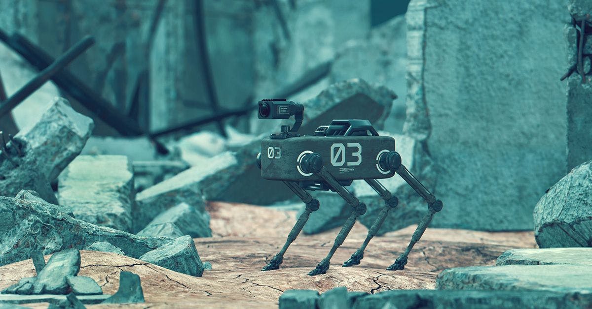 A robotic quadruped labeled "03" navigates through rubble in a post-apocalyptic setting.