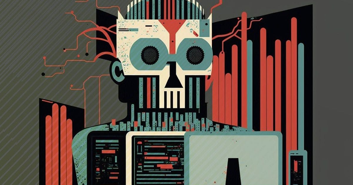 Illustration of a futuristic robot with circuitry on the head, wearing a suit, and holding a laptop. Background features abstract elements with circuit-like designs and vibrant colors.