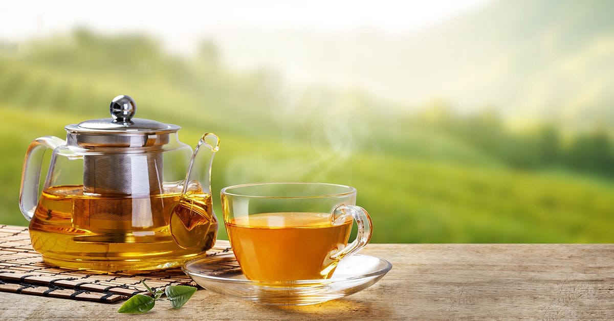 A glass teapot and cup filled with hot tea are placed on a wooden surface. Greenery and hills blur in the background. Steam rises from the tea, indicating it is freshly brewed.
