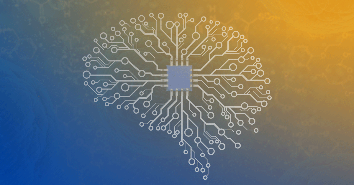 Illustration of a brain-shaped circuit board with a central processing unit, symbolizing artificial intelligence on a blue and yellow gradient background.