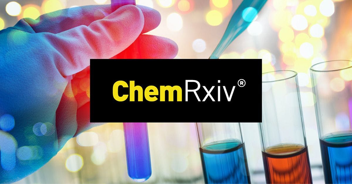 A gloved hand holds a test tube; colorful test tubes and a ChemRxiv logo are in the foreground.