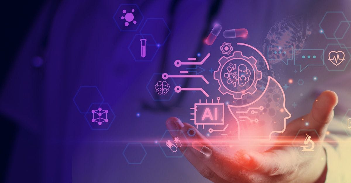 A hand is held out with floating medical and AI-related icons, including a gear, brain, and health symbols, against a purple and blue background.