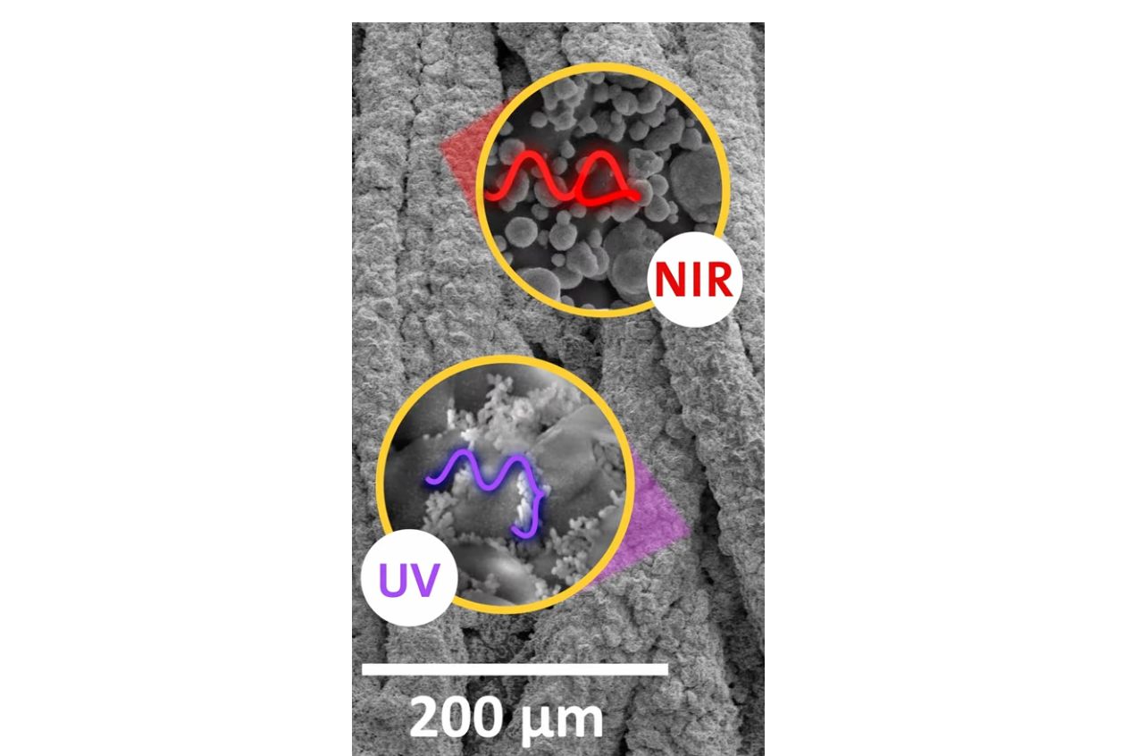 Microscopic image showing UV and NIR light paths on a textured surface with small structures. Both light paths are highlighted within circular insets, above a 200 µm measurement scale.