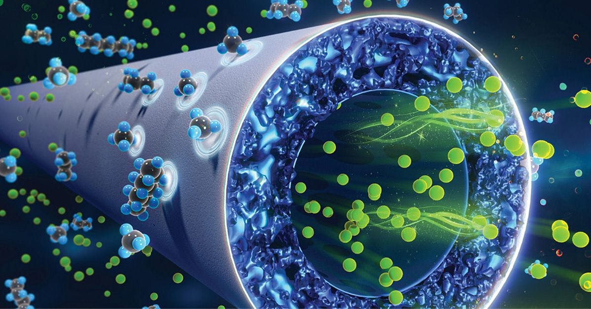 Illustration of nanoscale tube structure with blue and green molecular particles inside and around it, representing advanced material science or nanotechnology.