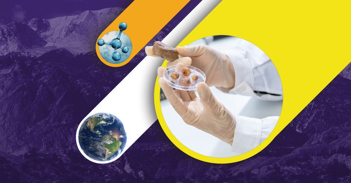 A scientist holds a petri dish with small samples and a brown rock, set against a vibrant background featuring a molecular structure and an image of Earth.