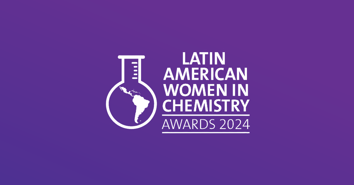 Latin American Women in Chemistry Awards 2024 logo featuring a flask with a map of Latin America on a purple background.