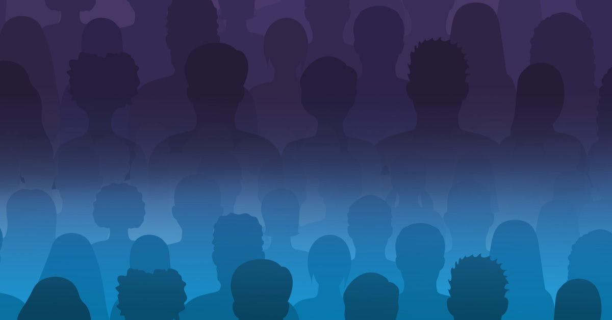 Silhouettes of diverse people standing closely together against a gradient background transitioning from blue at the bottom to dark purple at the top.