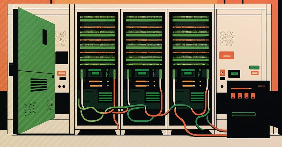 Illustration of a data center with three server racks connected by cables, displayed in a stylized, colorful manner.