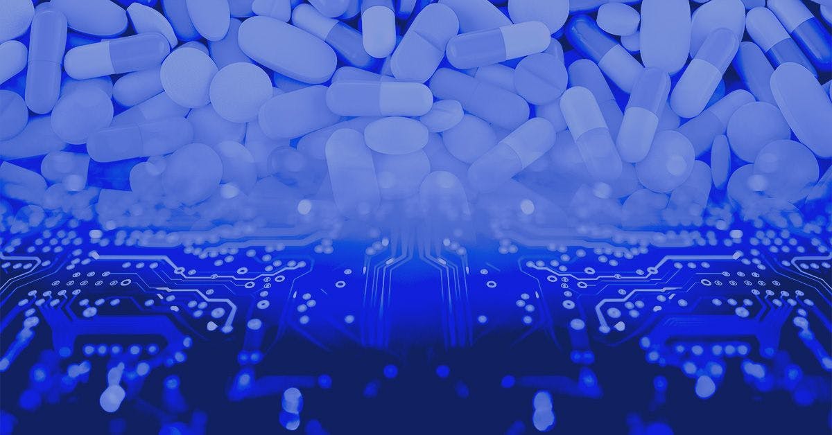 A blue background with a lot of pills on it.