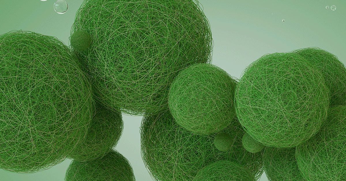 Green, spherical objects made of intricate interwoven strands are clustered together against a light green background. Tiny droplets are suspended in the air around the spheres.