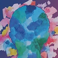 A watercolor painting of a human head seen from behind, filled with abstract blue, green, pink, and yellow patterns.