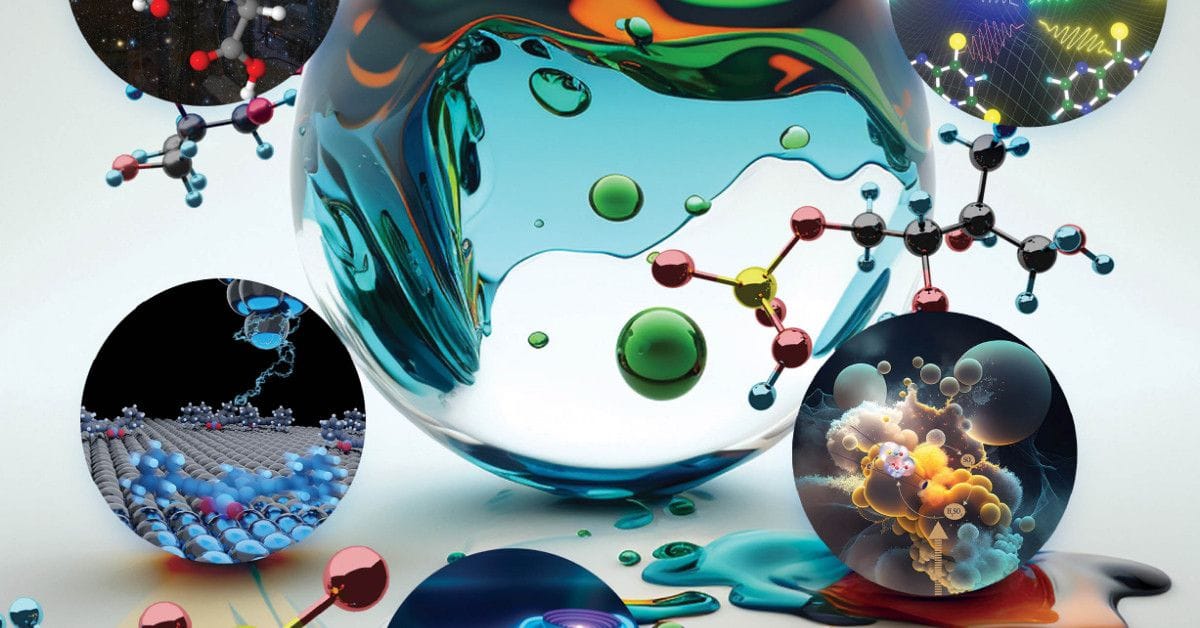 Colorful abstract illustration of molecular structures and chemical reactions, featuring 3D spheres, bonds, and liquid-like shapes with smaller circular insets showing nanomaterials, atomic lattices, and complex molecular interactions.