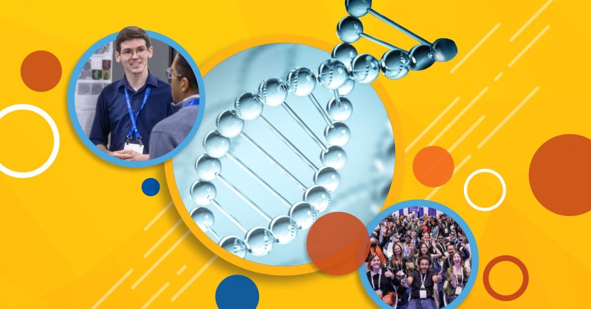 A collage of various scientific imagery in circular frames combined with previous photos of ACS National Meeting attendees on a yellow background