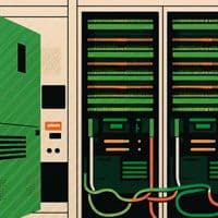 An illustration of a server room with green wires.