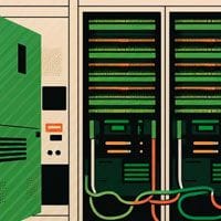 An illustration of a server room with green wires.