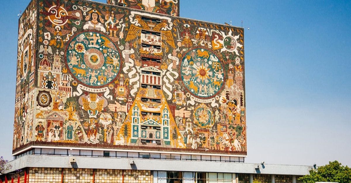 A large building with a colorful mural on it.