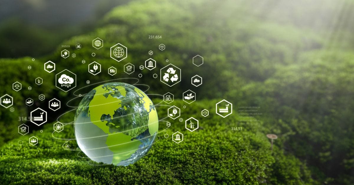 An Illustration of a transparent globe resting on green moss, surrounded by icons representing sustainability, recycling, energy, industry, and environmental data.
