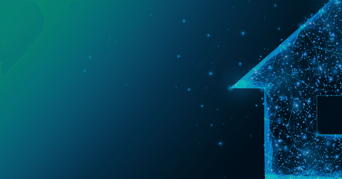 A digital illustration of a house outline made of blue geometric lines with glowing nodes on a dark gradient background.