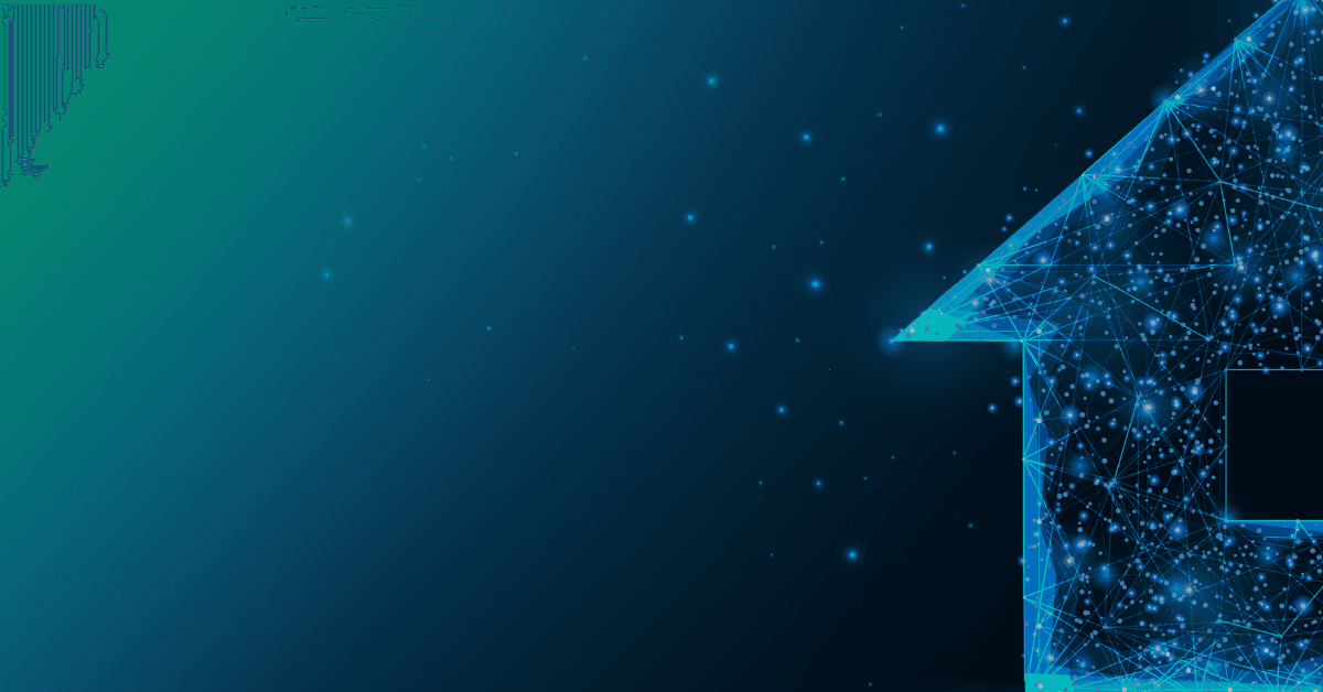 A digital illustration of a house outline made of blue geometric lines with glowing nodes on a dark gradient background.