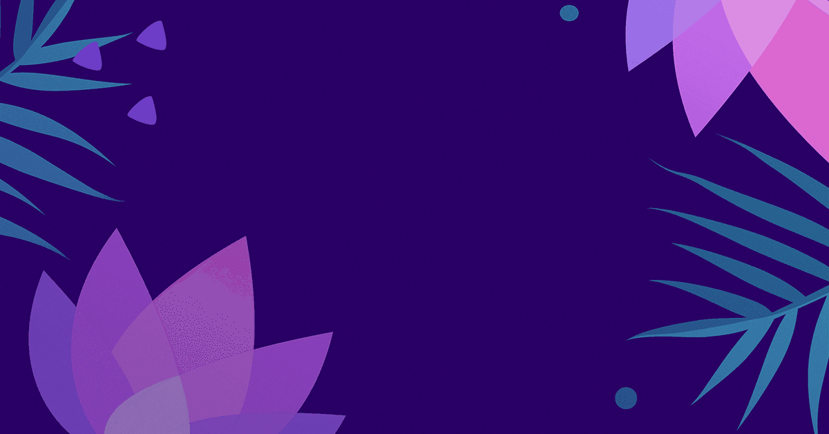 A vibrant graphic featuring purple and pink lotus flowers, tropical leaves, and dots against a deep purple background.