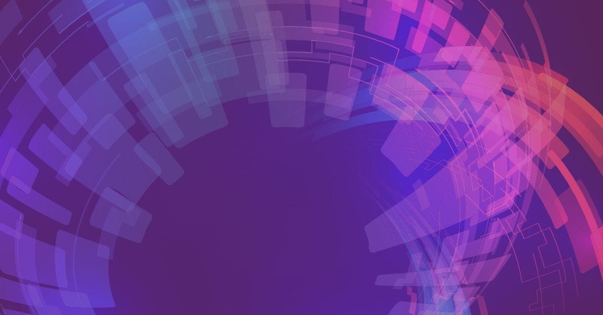 Abstract digital graphic featuring layered arcs and rectangles in purple, blue, and pink tones arranged in a circular motion.