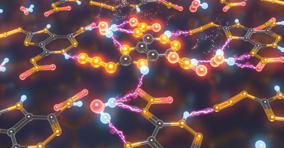 A digital illustraction depicting clusters of molecules and structures in bright, neon colors.